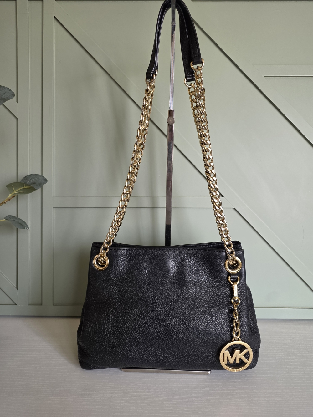 Michael Kors Black Pebbled Leather Shoulder Bag with Gold Chain